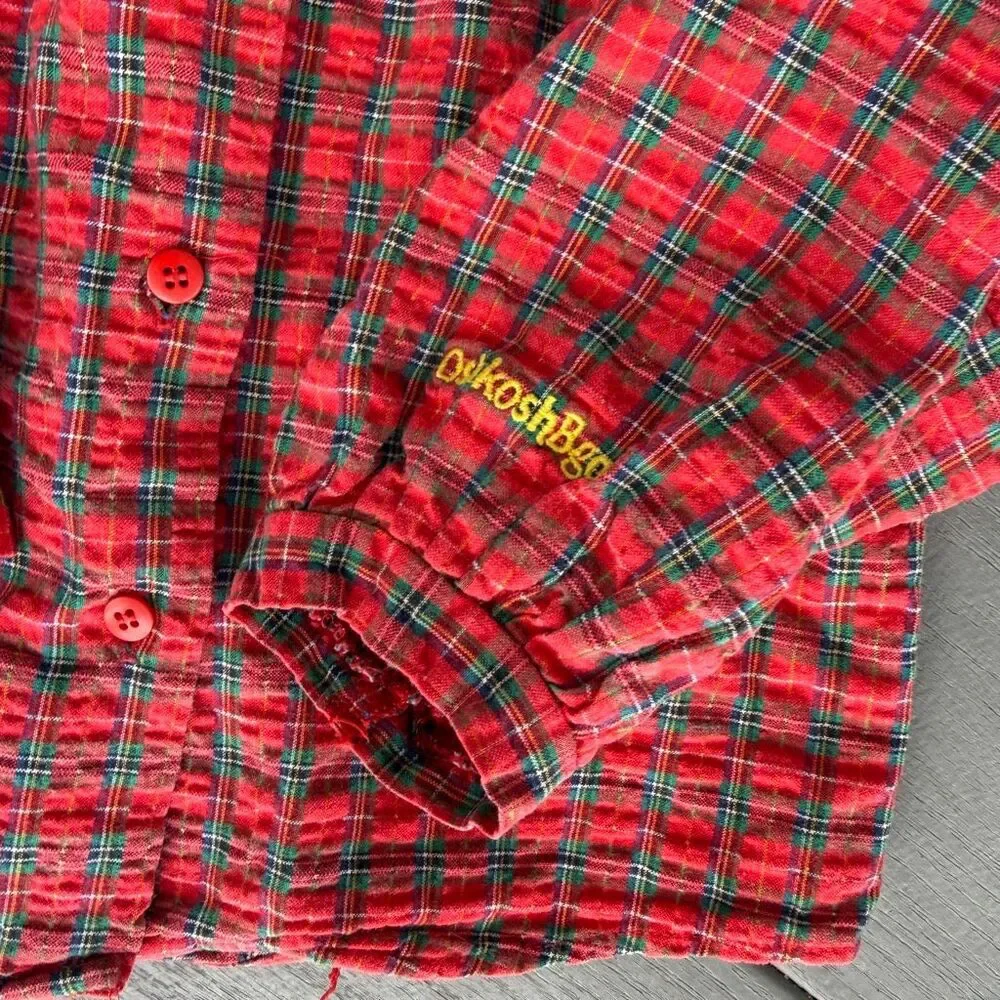 VTG OshKosh B'gosh Toddler Girls Red Plaid Christmas Blouse Embroidered Collar